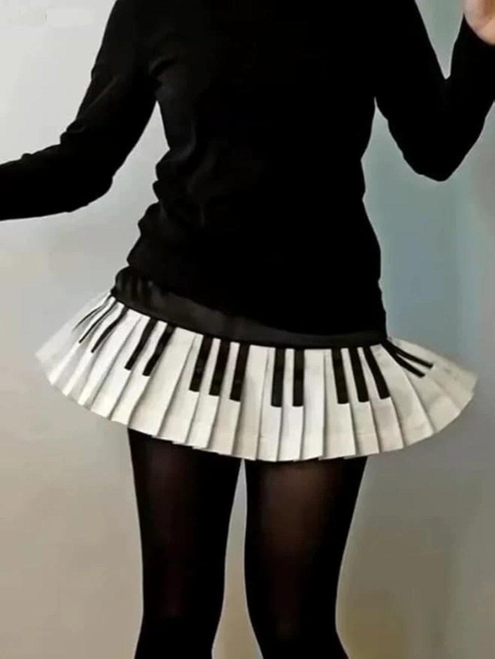 Zara Retro Black White Piano Key Print Art Mini Skirt Summer Casual